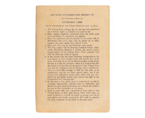 COBB, Humphrey (1899-1944). [Paths of Glory]. "Advance Copy of A Novel (As Yet Untitled)." New York: The Viking Press, 1935. 