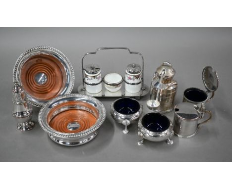 An electroplated novelty miniature cream churn with ladle, to/w a pair of bottle coasters, a pair of open salts and drum must