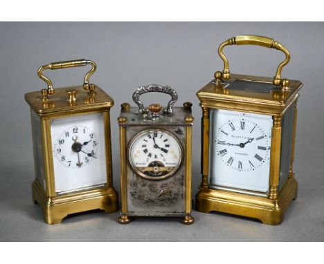 A trio of miniature carriage clocks; Elliott &amp; Son, london, a brass cased French single train 8-day white enamelled dial,