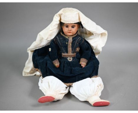 An Ernst Heubach 1902/6/0 bisque-headed costume dolls with stuffed fabric body with ceramic fore-arms, in traditional Middle 