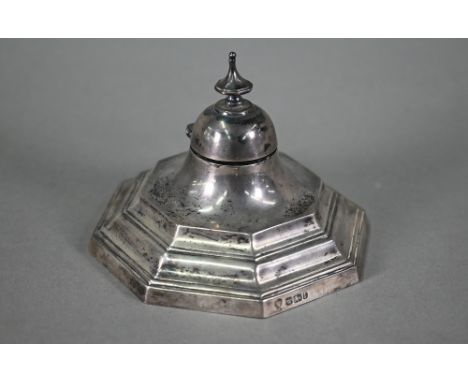 An Edwardian loaded silver hexagonal inkwell in the Georgian taste, with domed cover and stepped base, Hawksworth, Eyre &amp;