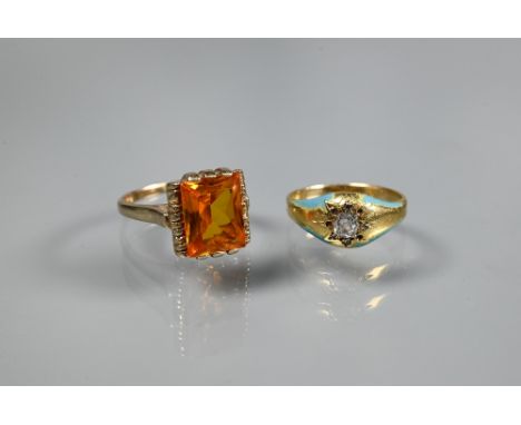 Two rings - rectangular citrine set yellow metal stamped 10k, size L and a Victorian turquoise enamel ring set with diamond, 