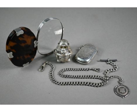 A Victorian silver double Albert watch chain with fob medallion, Birmingham 1897 and an Edwardian foliate-engraved vesta case