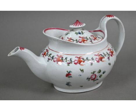 A Regency New Hall china floral-painted teapot, pattern no 748, 26 cm long 