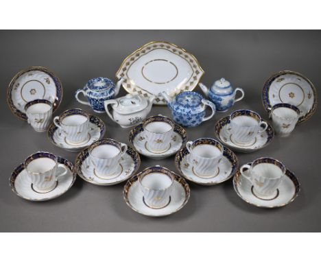 A matched set of ten Worcester 'Flight &amp; Barr' period tea cups and saucers with writhen reeding and blue and gilt borders