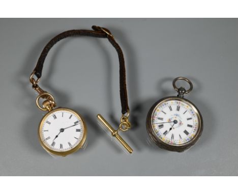 A miniature ladies 18k fob watch, white enamel dial, 31 mm dia. (approx. 26g all-in) fitted with a 9ct mounted leather strap 