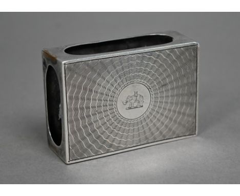 A heavy silver table matchbox cover, with engine-turned cover and engraved crest of Elephant and Castle, makers mark for Char