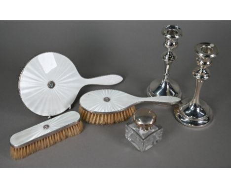 A silver and cream guilloche enamel three piece&nbsp; silver brush set inset with gemstones and marcasite, Henry Clifford Dav