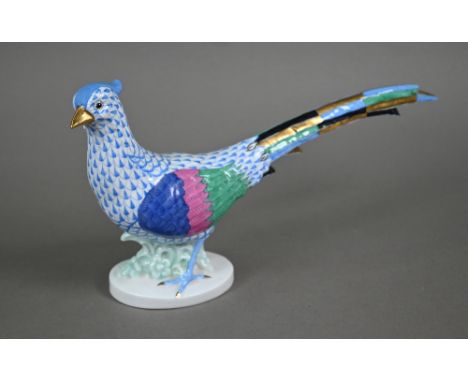 A Herend (Hungary) porcelain pheasant, painted with blue scale, 17 x 32 cm 