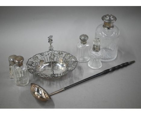 A Georgian white metal bonbon basket, the wire rim and swing handle mounted with flies and caterpillars on fruit, maker's mar