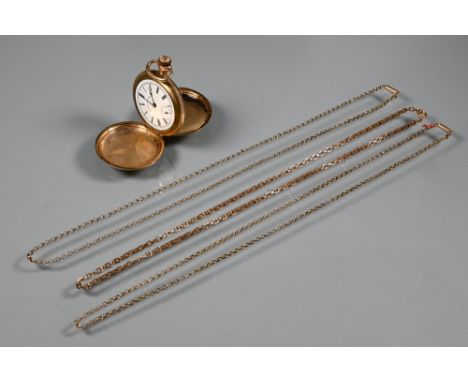 Two various 9ct rose gold belcher chains, approx 4.6g, one gilt metal and a miniature American Waltham pocket watch (4)