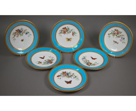 A set of six Victorian Graingers Worcester cabinet plates, finely painted with flowers and insects within a turquoise and gil