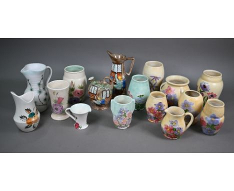 An E Radford cottage-ware jug and flask to/w fourteen various floral-painted vases and jug (box) 