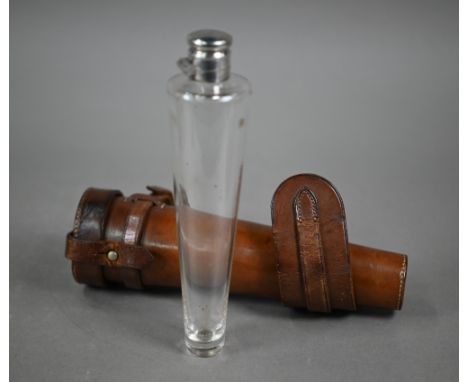 A vintage conical glass spirit flask with hinged ep bun cover, in stitched leather case, 24 cm long 