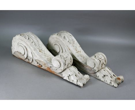 A pair of antique pine carved and grey washed architectural wall brackets, each 60 cm h (2) 