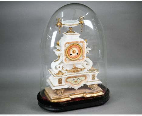 A 19th century French gilt-metal mounted white alabaster mantel clock, the 8-day two train drum movement by Vincenti, 37 cm h