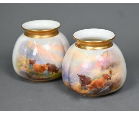 A pair of Royal Worcester vases, with gilded rims, painted with Highland cattle by Harry Stinton, the backs with small landsc