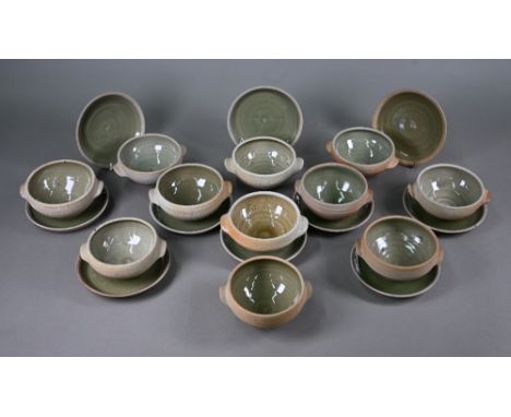 Leach Pottery St Ives - a part set of eleven 12cm soup bowls and ten 15 cm saucers, with glazed interiors, impressed studio m