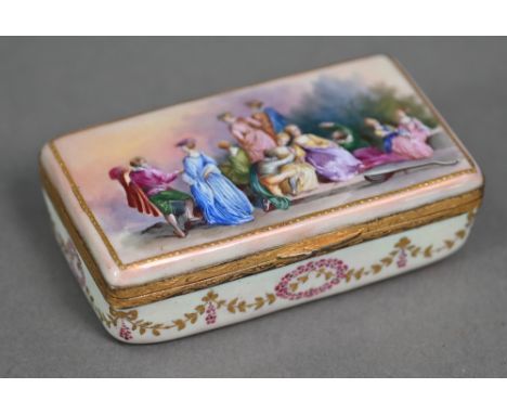 A circa 19th century French enamel snuff box, the cover and base painted with Watteauesque figures, the interior with Autumn 