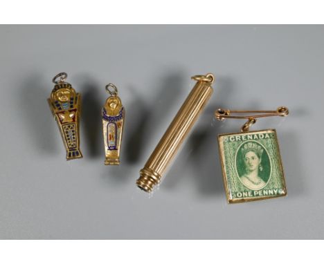 A propelling pencil in the form of a gilt metal and enamel sarcophagus, 3 cm long; a smaller sarcophagus pendant hinged to op