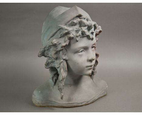 An Art Nouveau head and shoulder ceramic bust of a young girl, modelled with cap and ringlets, later painted and indistinctly