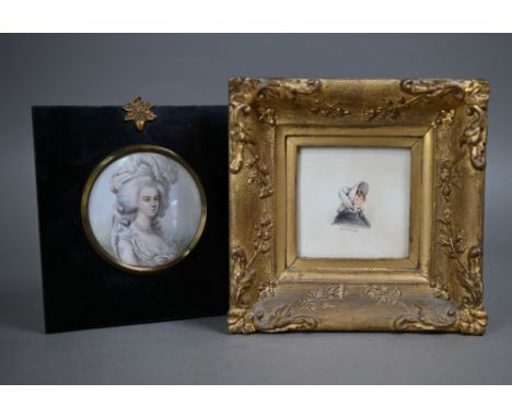 An antique portrait miniature on ivory of Marie Antoinette, signed LeBand, 7.5 cm diam to/w a watercolour miniature on paper 