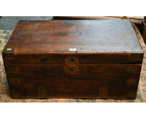A 19th century brass bound camphorwood campaign style trunk, folding brass handles to sides, the hinged top with inset brass 