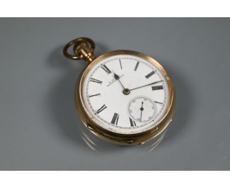 A Waltham 10K cased pocket watch, white enamelled dial with subsidiary secondsdial ok, case dispaying heavy bruise above back
