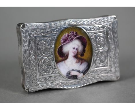 A late 19th Century German .800 grade silver snuff box, the hinged cover with enamelled oval medallion depicting a cheerful y