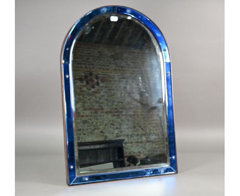 A vintage blue glass banded arch top bevel edged easel strut mirror 41 cm w x 61 cm h 
