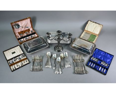 An extensive part set of Kings Pattern EPNS flatware comprising fourteen dessert spoons and eleven each table forks and desse