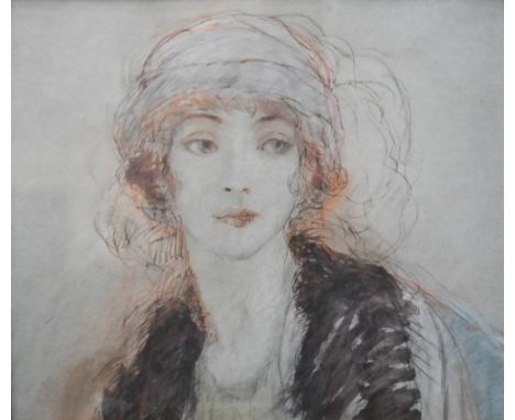 English school - Study of a society lady, pencil and wash, 19 x 22 cm, label to verso reads 'Portrait sketch by Lady Lavery o