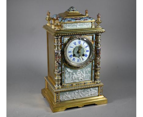 A fine Maple &amp; Co. Ltd., Paris, champlevé enamel, jasperware panelled gilt brass mantel clock, circa 1900, the two train 