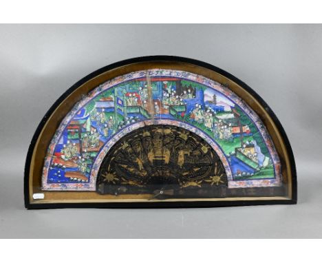 A Chinese export 'Thousand Faces' fan, mid to late 19th century, Qing dynasty, both sides decorated with a finely painted pap