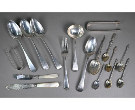 Four George III silver tablespoons and a table fork, to/w a Victorian sauce ladle, a pair of sugar tongs by Peter, Ann &amp; 