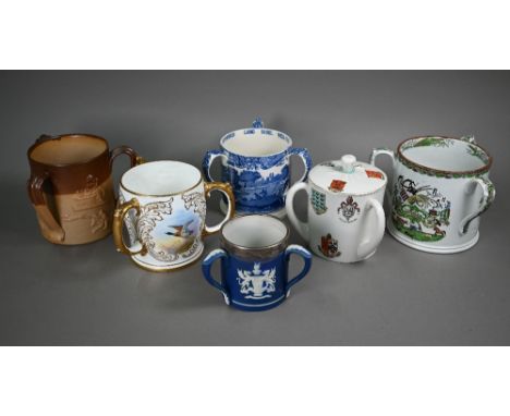 A W H Goss china large three-handled wassailing cup and cover, printed with The Trusty Servant, and Winchester shields 16 cm 