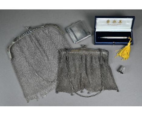 A silver mesh evening bag, London import 1913, to/w a Portuguese .833 standard example; lot also includes a Garrards-cased si