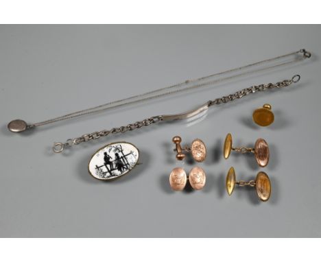 Collection of cufflinks etc including 18ct yellow gold single stud, two 9ct rose gold single cufflinks, silver identity brace