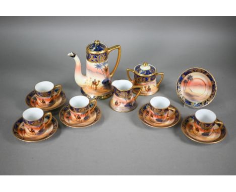 A Noritake china coffee service, painted with dessert oasis scenes, comprising coffee pot, cream and sugar, five cans and six