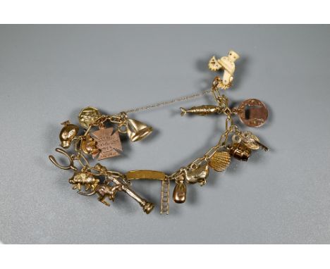 A 9ct yellow gold charm bracelet with eighteen charms attached including Portuguese cockerel, barrel, pig, yacht, ladder etc,