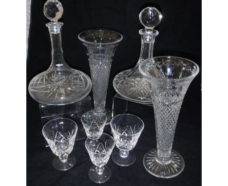 A pair of Stuart Crystal trumpet-shaped vases, a collection of Stuart Crystal cut glass drinking glasses, including six red w