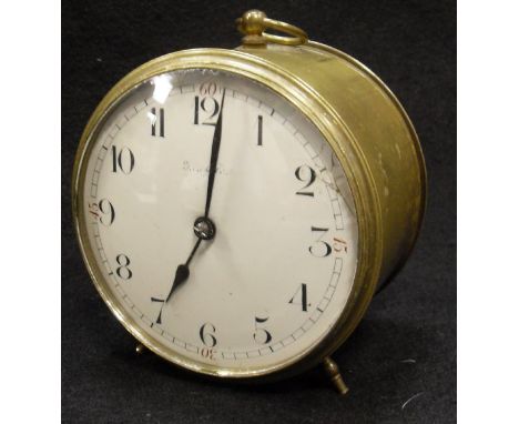 A late 19th Century brass cased drum clock, the movement with white enamel dial and Arabic numerals indistinctly inscribed 