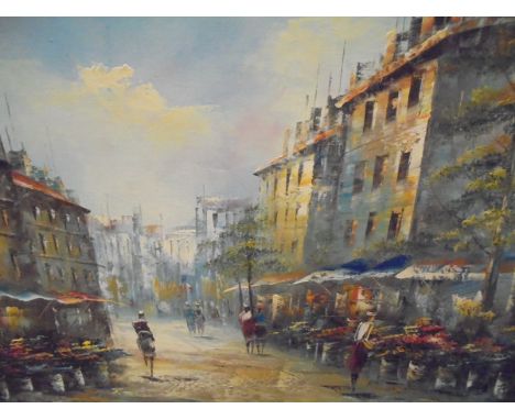 20TH CENTURY CONTINENTAL SCHOOL "The flower market", oil on board, indistinctly signed lower right, together with one further