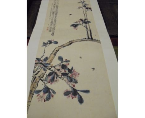 CHINESE SCHOOL IN THE MANNER OF FEI'AN YU "Bees amongst blossoming foliage", ink and watercolour on paper scroll with script 