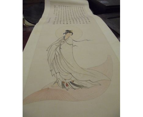 CHINESE SCHOOL IN THE MANNER OF SHAOMAI CHEN "Guan Yin", a study with script above, ink and watercolour on paper scroll   CON