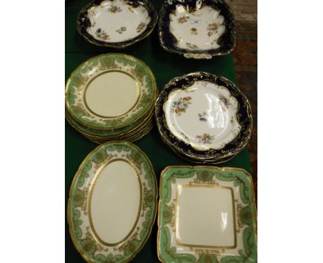 A Royal Doulton part green and gilt decorated dessert service comprising bowl, two dishes and six plates and a Victorian Staf