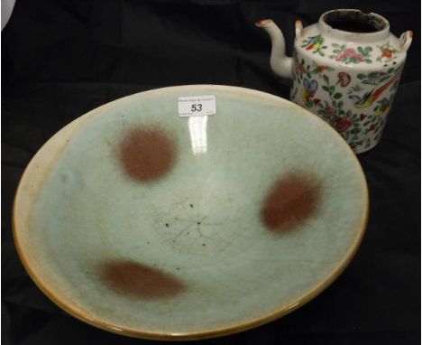A Chinese celadon glazed bowl with sang-de-boeuf blush decoration and a Chinese famille-rose teapot   CONDITION REPORTS  Cela