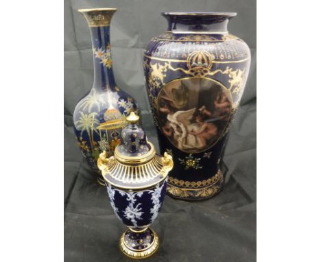 A Royal Crown Derby blue and white and gilt decorated urn shaped vase and cover, a Carlton ware blue and gilt and polychrome 