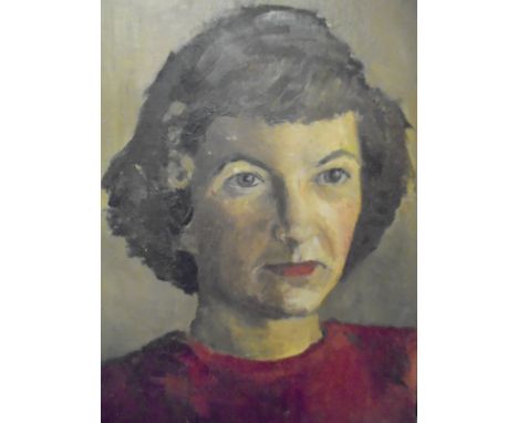20TH CENTURY ENGLISH SCHOOL "Lady in red sweater", a portrait study, oil on board, unsigned