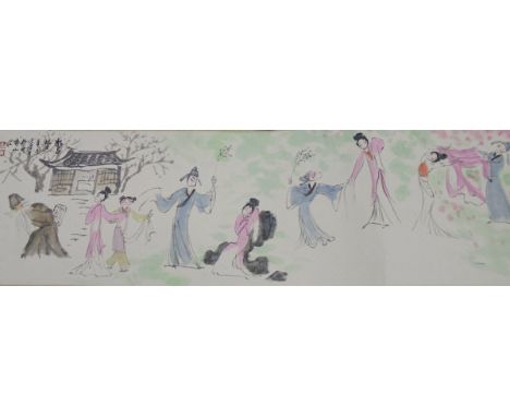 CHINESE SCHOOL IN THE MANNER OF MADE GAO "Maidens dancing in a landscape with building in the background with script", ink an